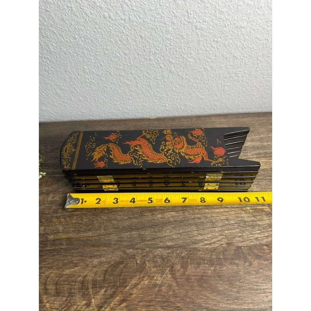 Vintage Asian Folding Screen Black Lacquer Chinoiserie Tabletop Decor MCM Dragon